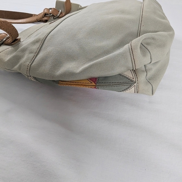 Fossil Canvas Pink Gray Patchwork Diamond Triangle Leather Strap Tote Bag - Picture 5 of 9